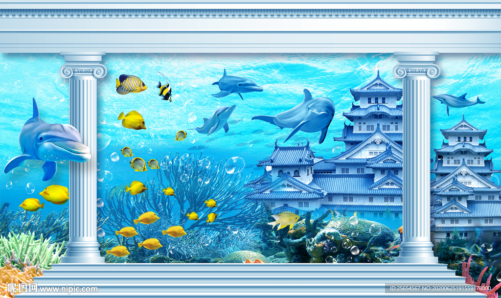 3D海豚海底世界背景墙