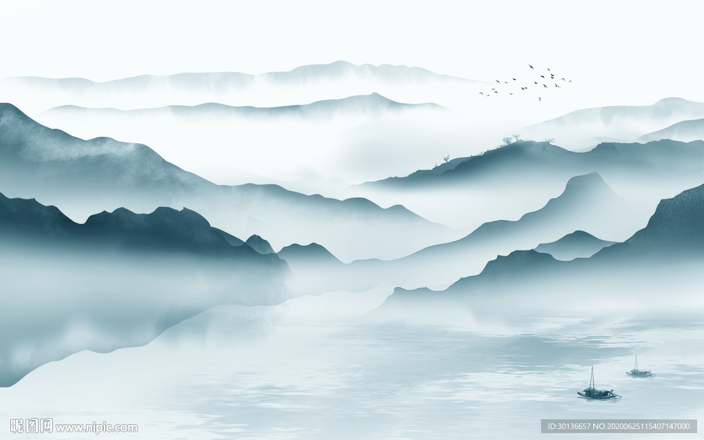 蓝色 山水画装饰画 TIF分层