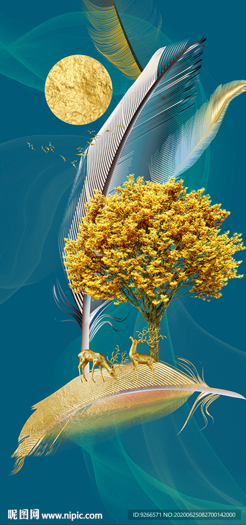 麋鹿山水线条玄关晶瓷画装饰画