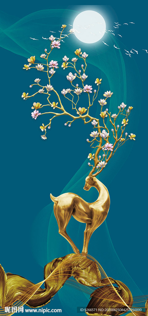 麋鹿山水线条玄关晶瓷画装饰画