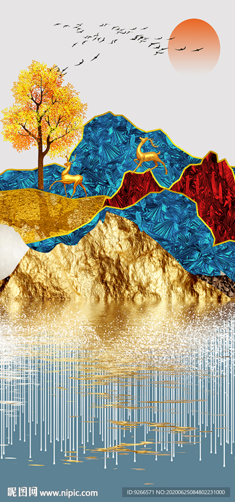 麋鹿山水线条玄关晶瓷画装饰画