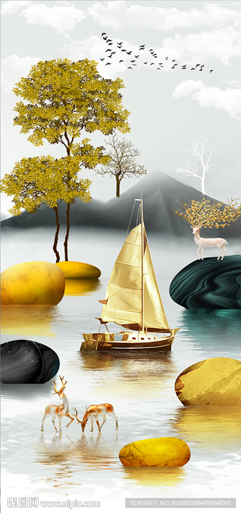 麋鹿山水线条玄关晶瓷画装饰画