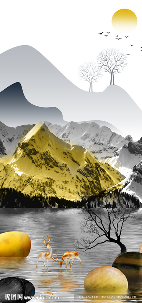 麋鹿山水线条玄关晶瓷画装饰画