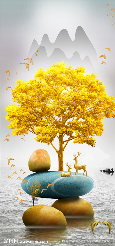 麋鹿山水线条玄关晶瓷画装饰画