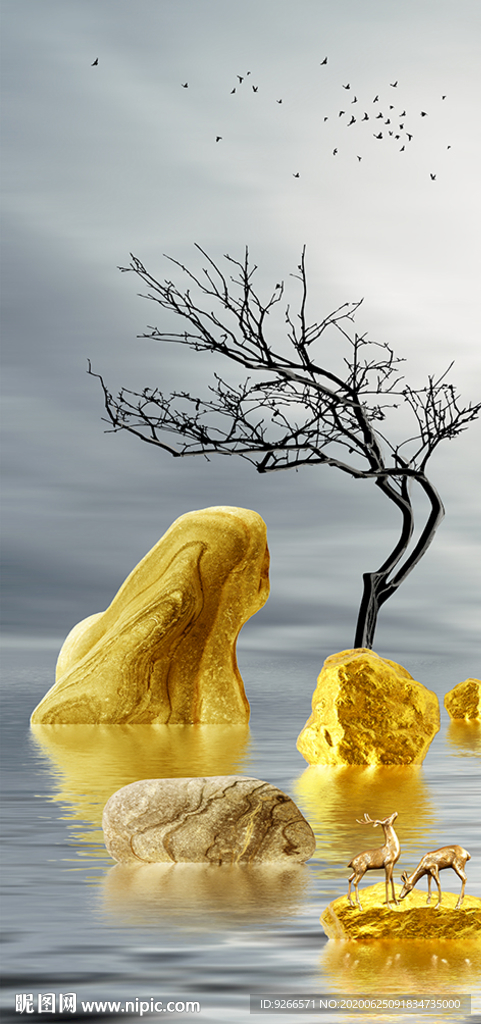 麋鹿山水线条玄关晶瓷画装饰画