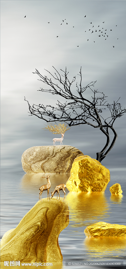 麋鹿山水线条玄关晶瓷画装饰画