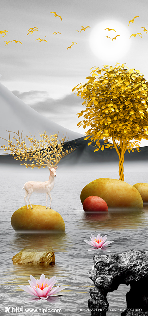 麋鹿山水线条玄关晶瓷画装饰画