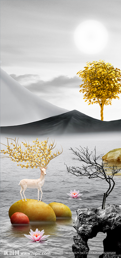 麋鹿山水线条玄关晶瓷画装饰画