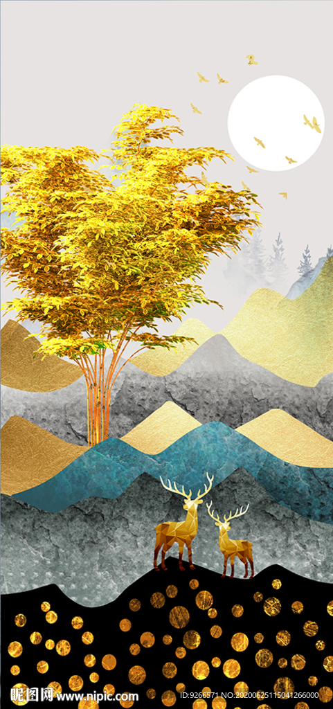 麋鹿山水线条玄关晶瓷画装饰画