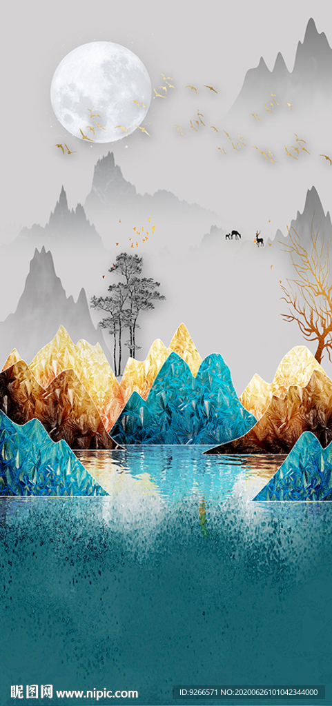 麋鹿山水线条玄关晶瓷画装饰画