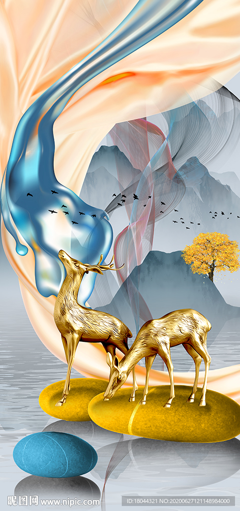 新中式抽象山水麋鹿玄关装饰画