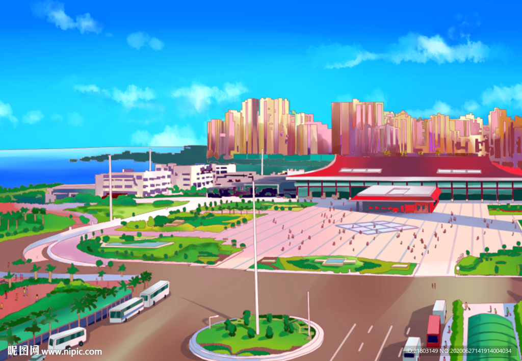 手绘拱北口岸珠海美景素材