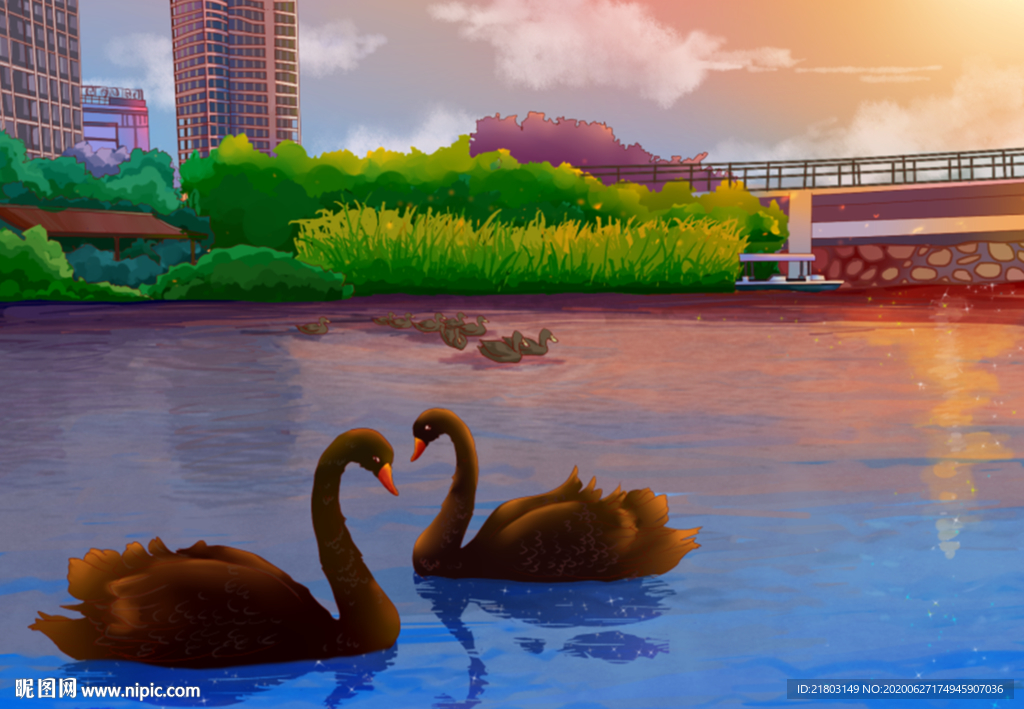 手绘湖中黑天鹅素材美景