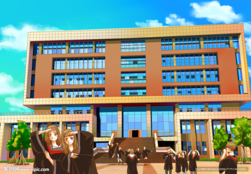 手绘中国药科大学图书馆美景素材
