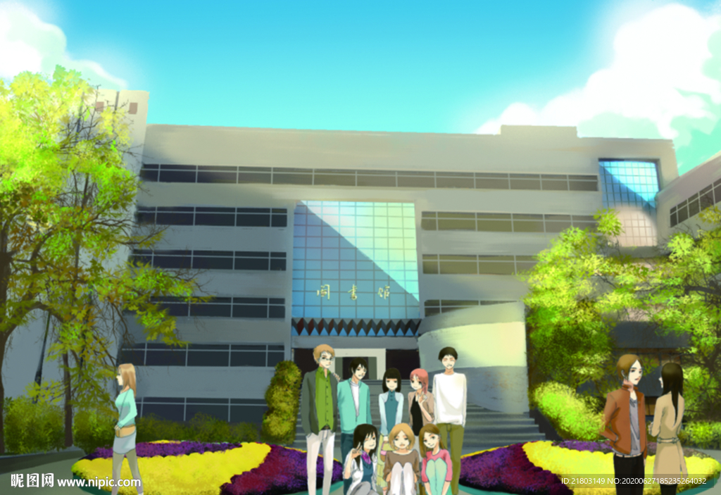 手绘城市素材武汉图书馆美景