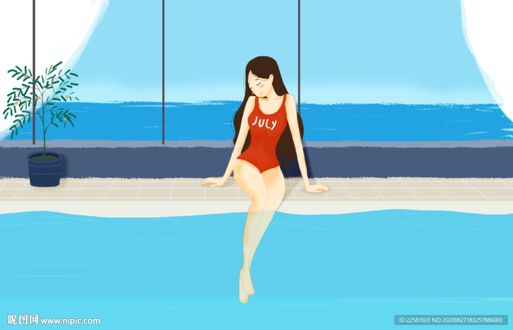泳池边穿红泳衣的女孩