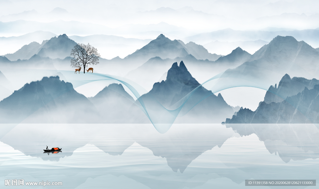 新中式飘带麋鹿发财树背景墙