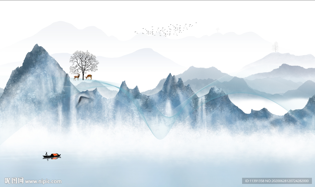 新中式飘带鹿飞鸟轻舟背景墙