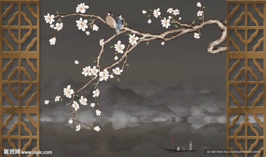 山水新中式花儿客厅背景墙