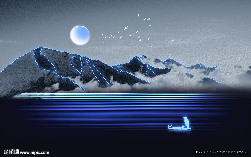 精美月夜新中式线条玄关屏风背景