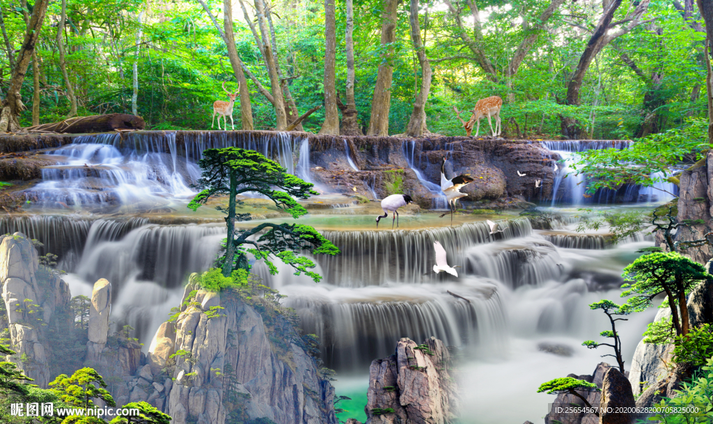 山水风景瀑布流水生财电视背景墙
