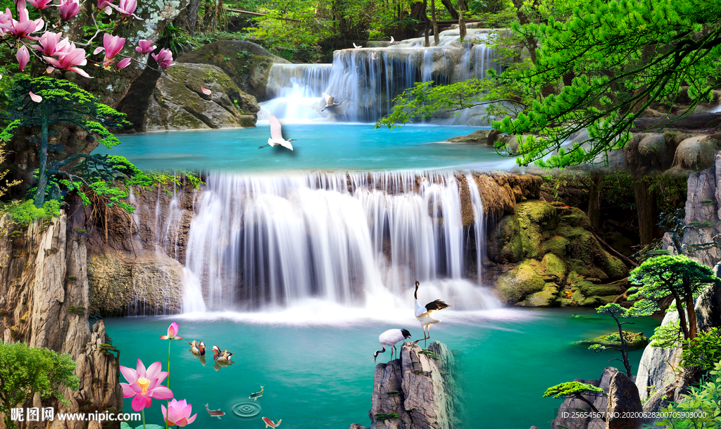 山水风景瀑布流水生财电视背景墙