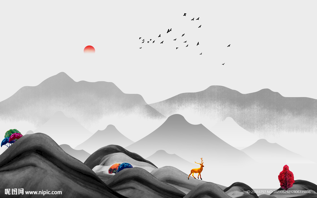 新中式水墨山水抽象玄关屏风背景