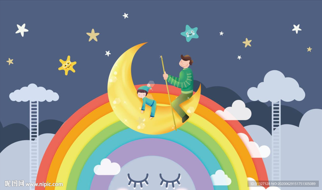 卡通儿童彩虹星星背景墙
