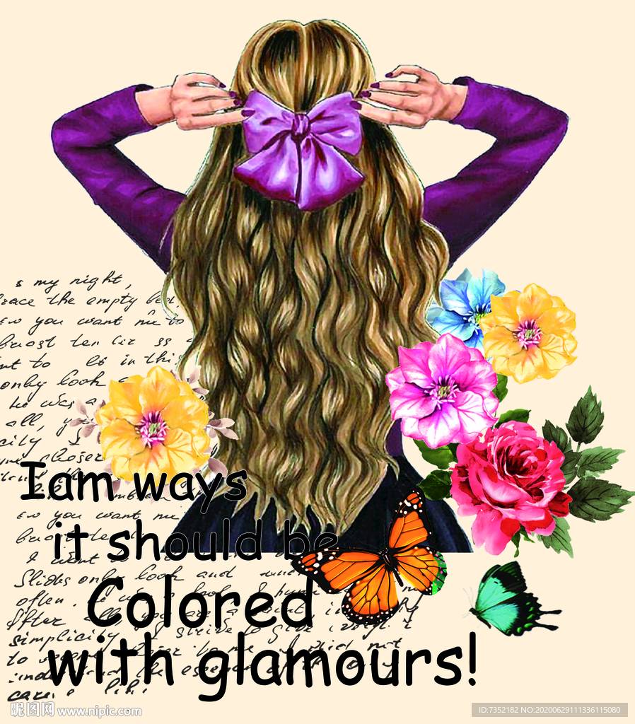 手绘 花 背影 美女 紫色 蝴