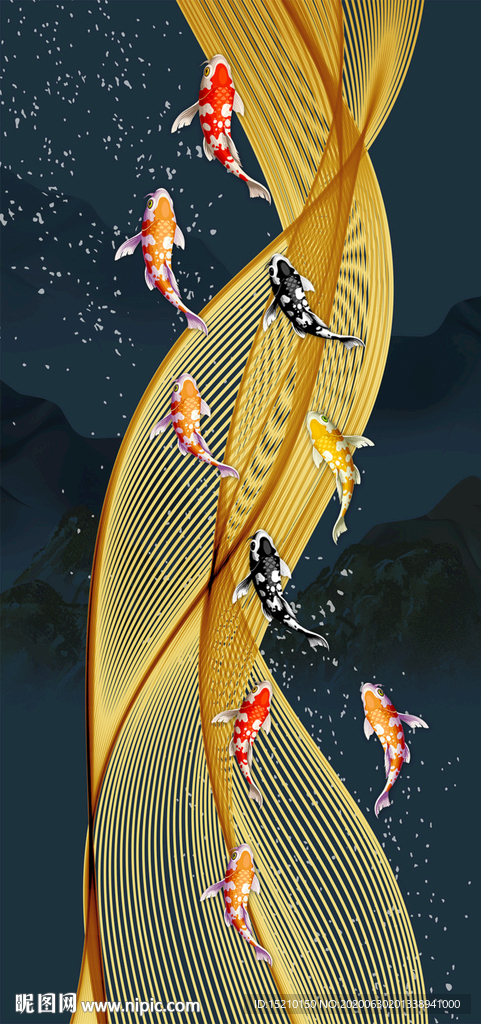 金色线条九鱼图玄关背景墙