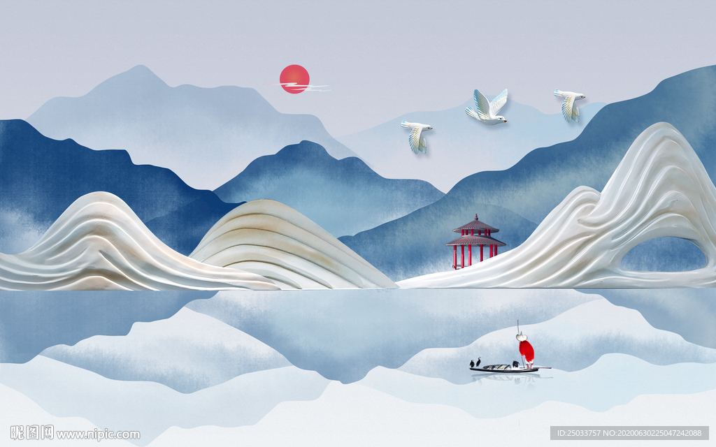 山水水墨玄关屏风底纹素材装饰画