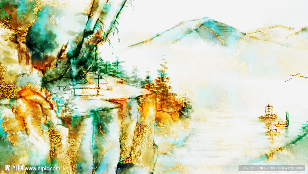 水墨山水三联画