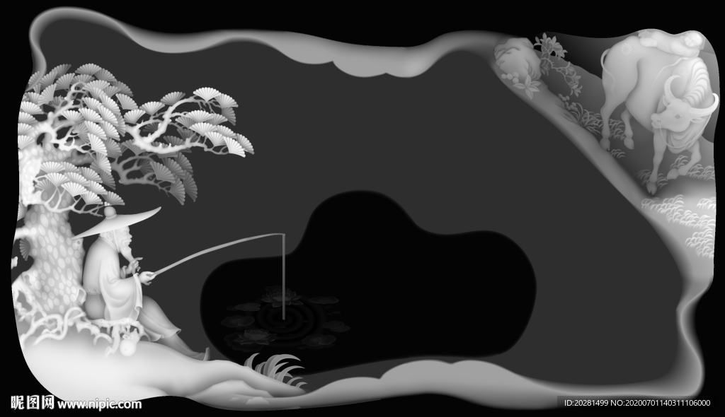 姜太公钓鱼茶盘灰度图