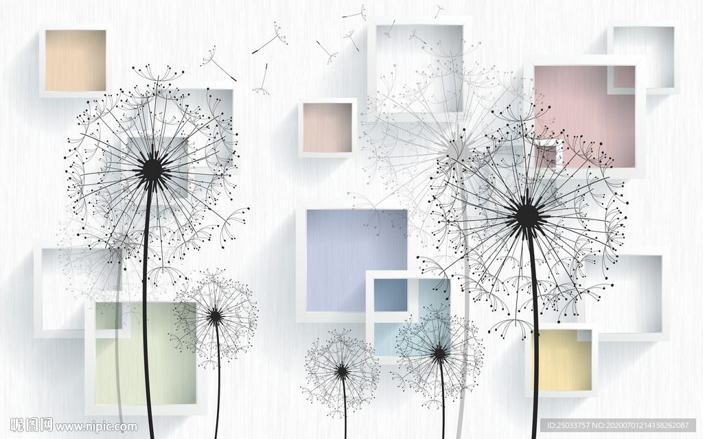 简约蒲公英装饰画立体方块客厅背