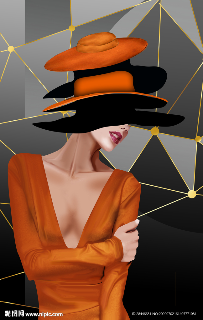 爱马仕橙黑抽象戴帽美女