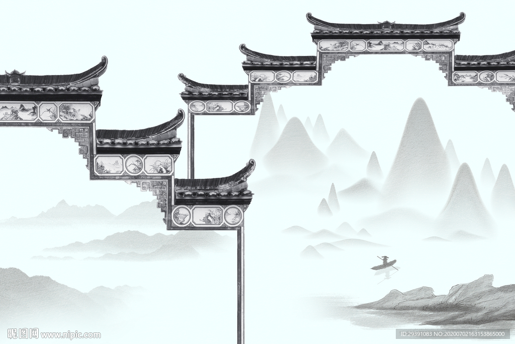 中式徽派建筑背景墙图片