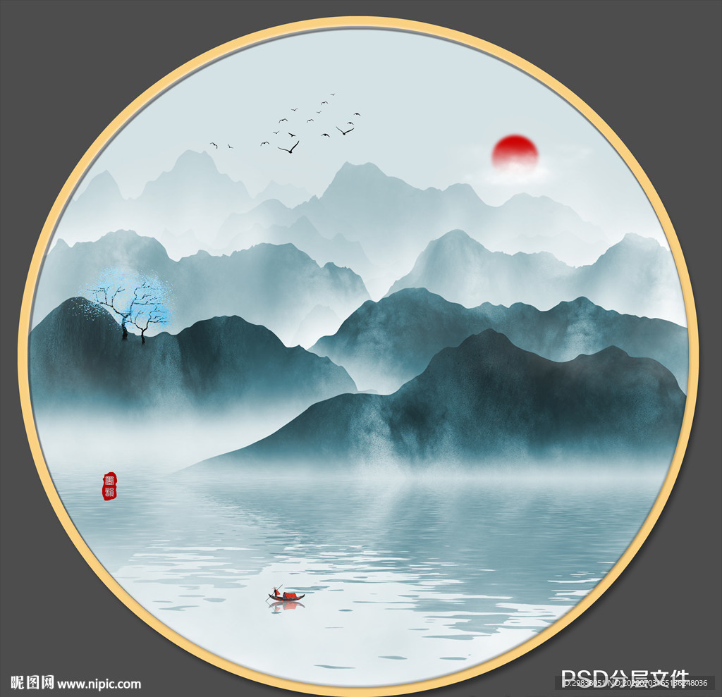 圆形水墨画