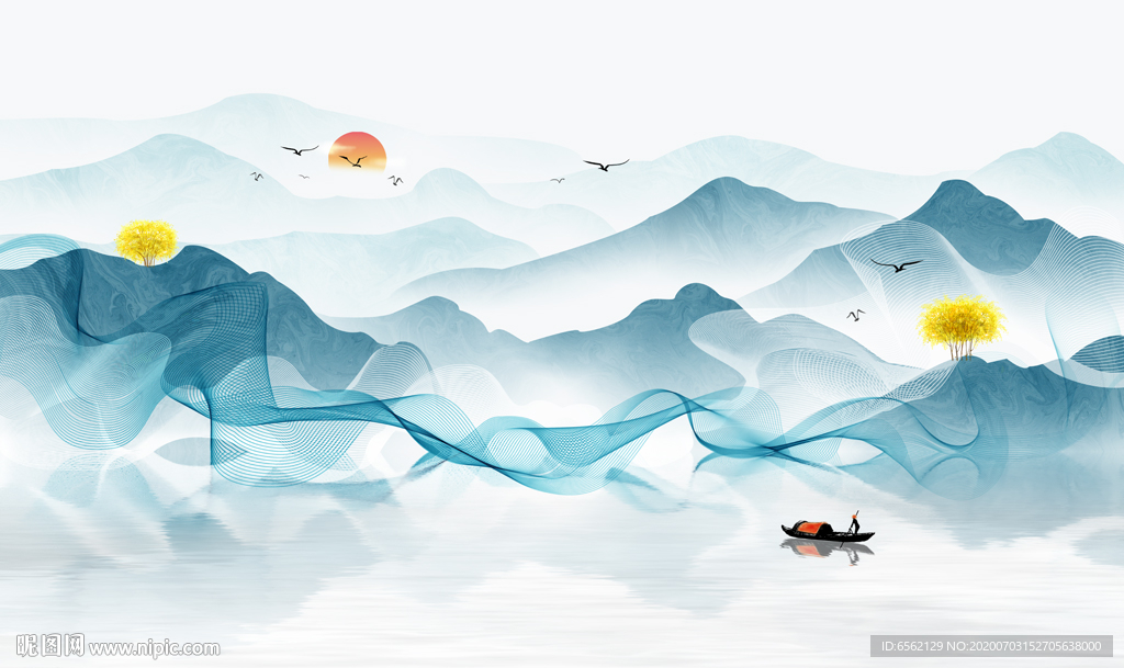 蓝色线条山水电视背景墙