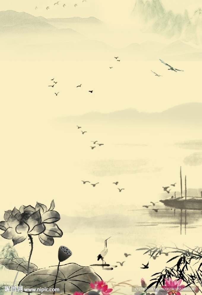 复古风水墨荷花背景图