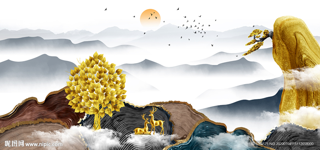 石来运转麋鹿山水晶瓷画装饰画