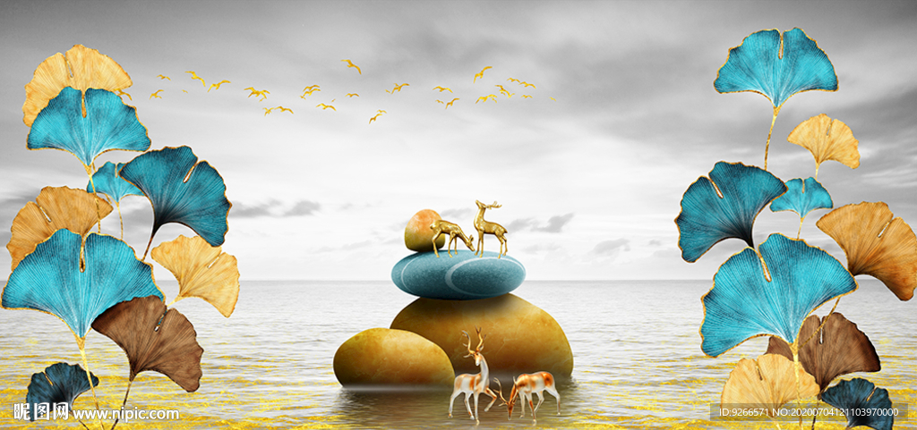 石来运转麋鹿山水晶瓷画装饰画