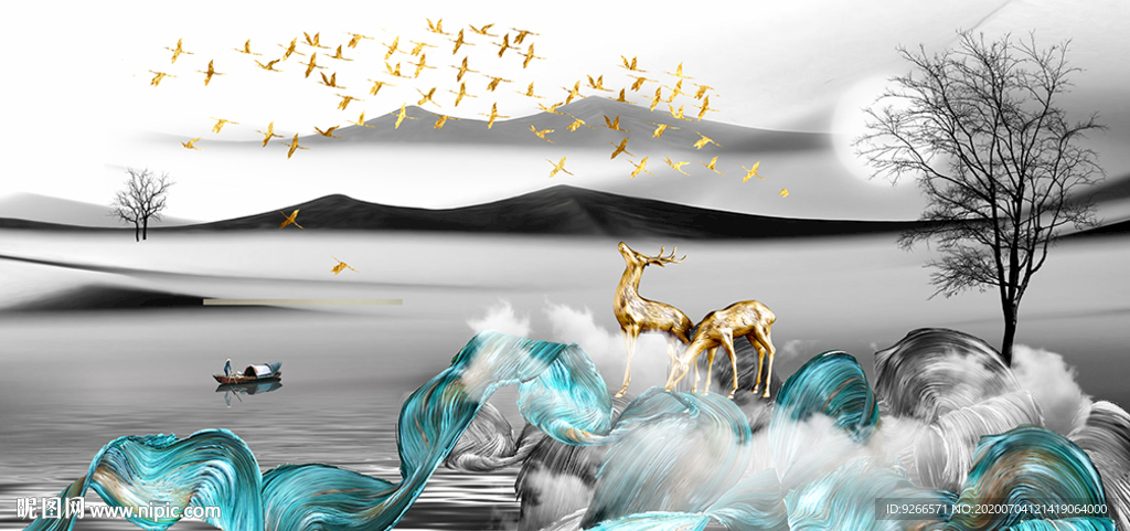 石来运转麋鹿山水晶瓷画装饰画