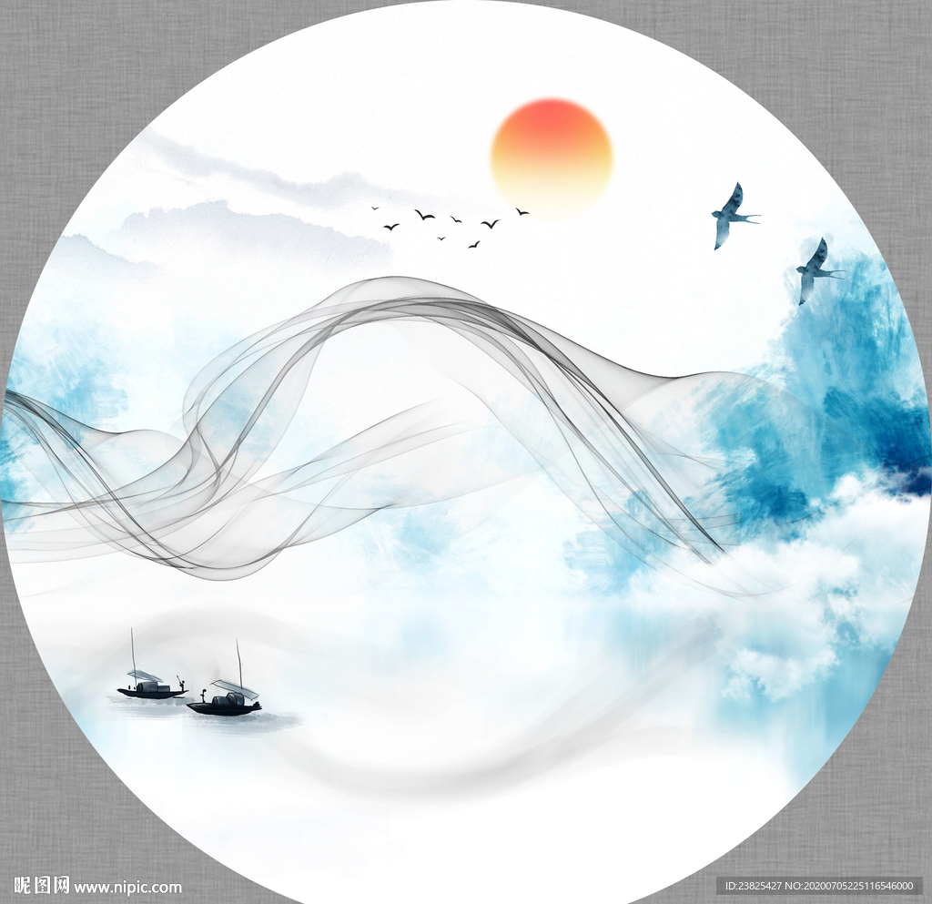 新中多抽象水墨山水意境圆形装饰