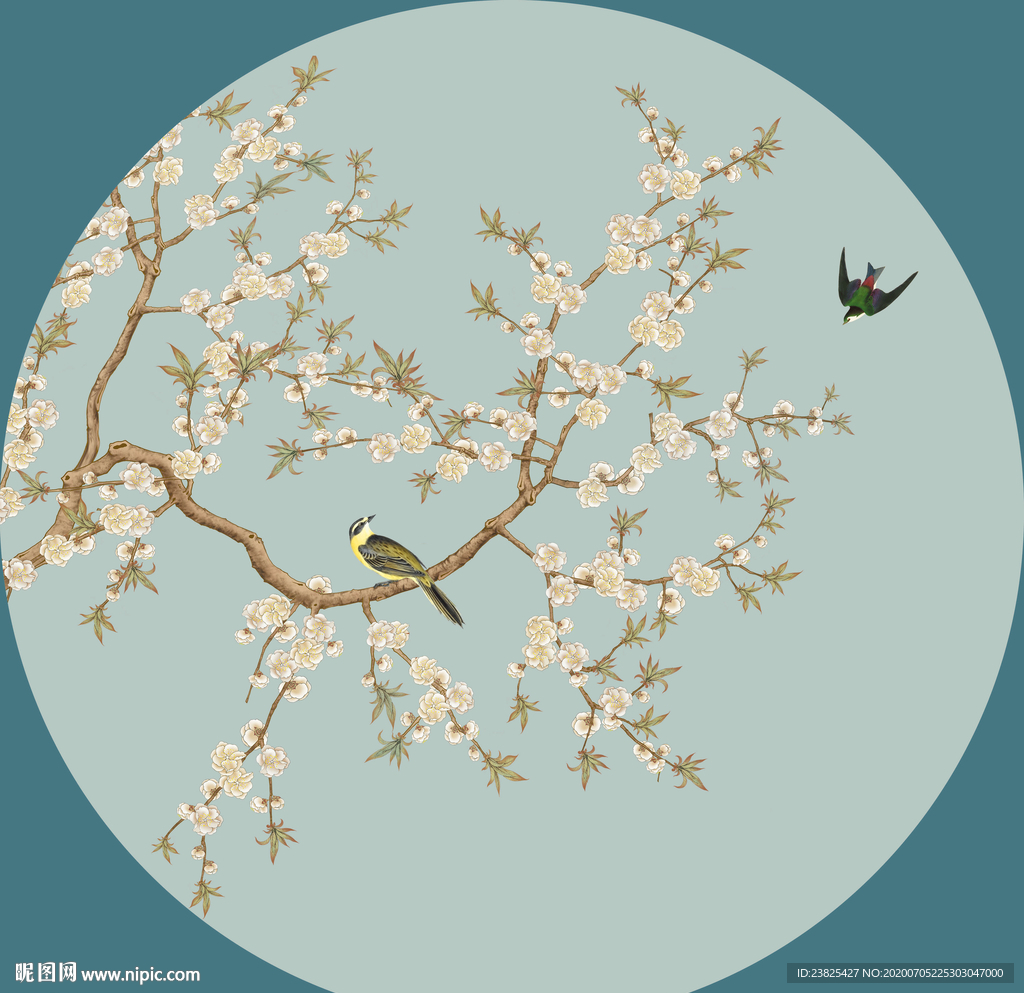 新中式手绘工笔花鸟圆形装饰画