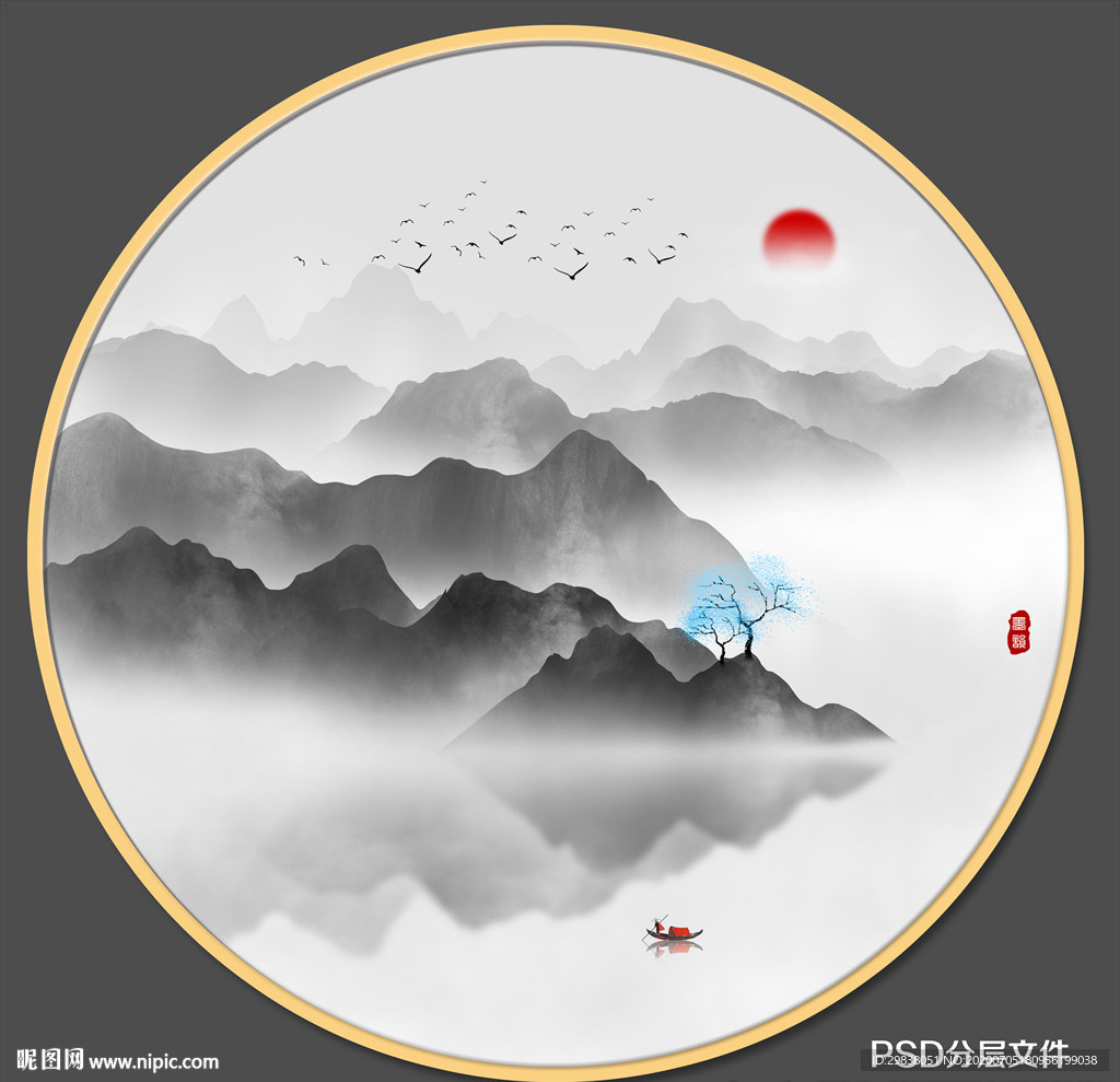山水壁画 圆形山水画 山水画