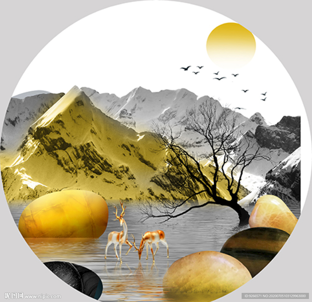 中式麋鹿山水圆形装饰画晶瓷画