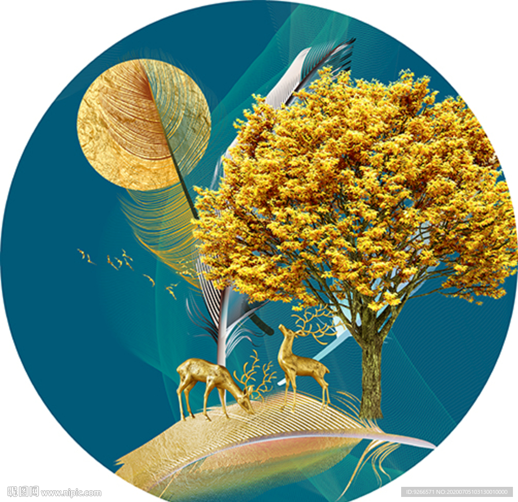 中式麋鹿山水圆形装饰画晶瓷画