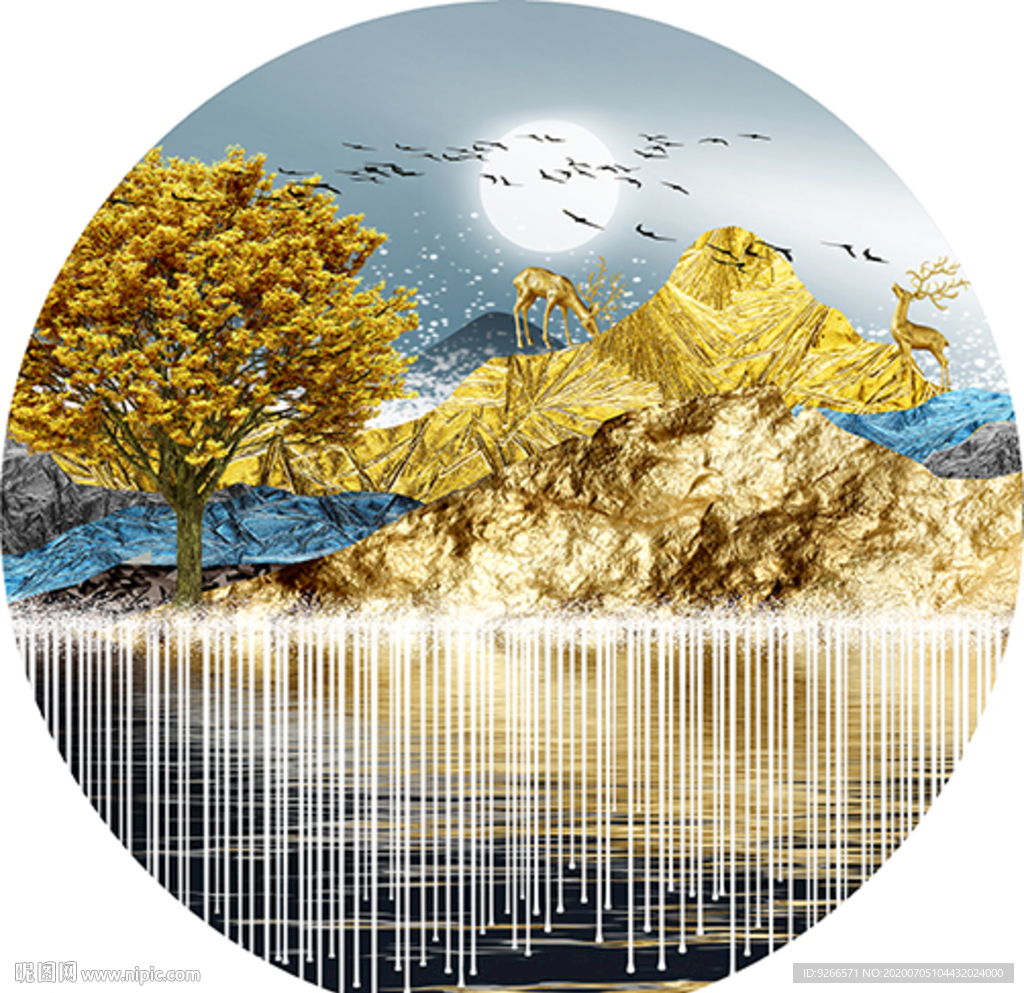 中式麋鹿山水圆形装饰画晶瓷画