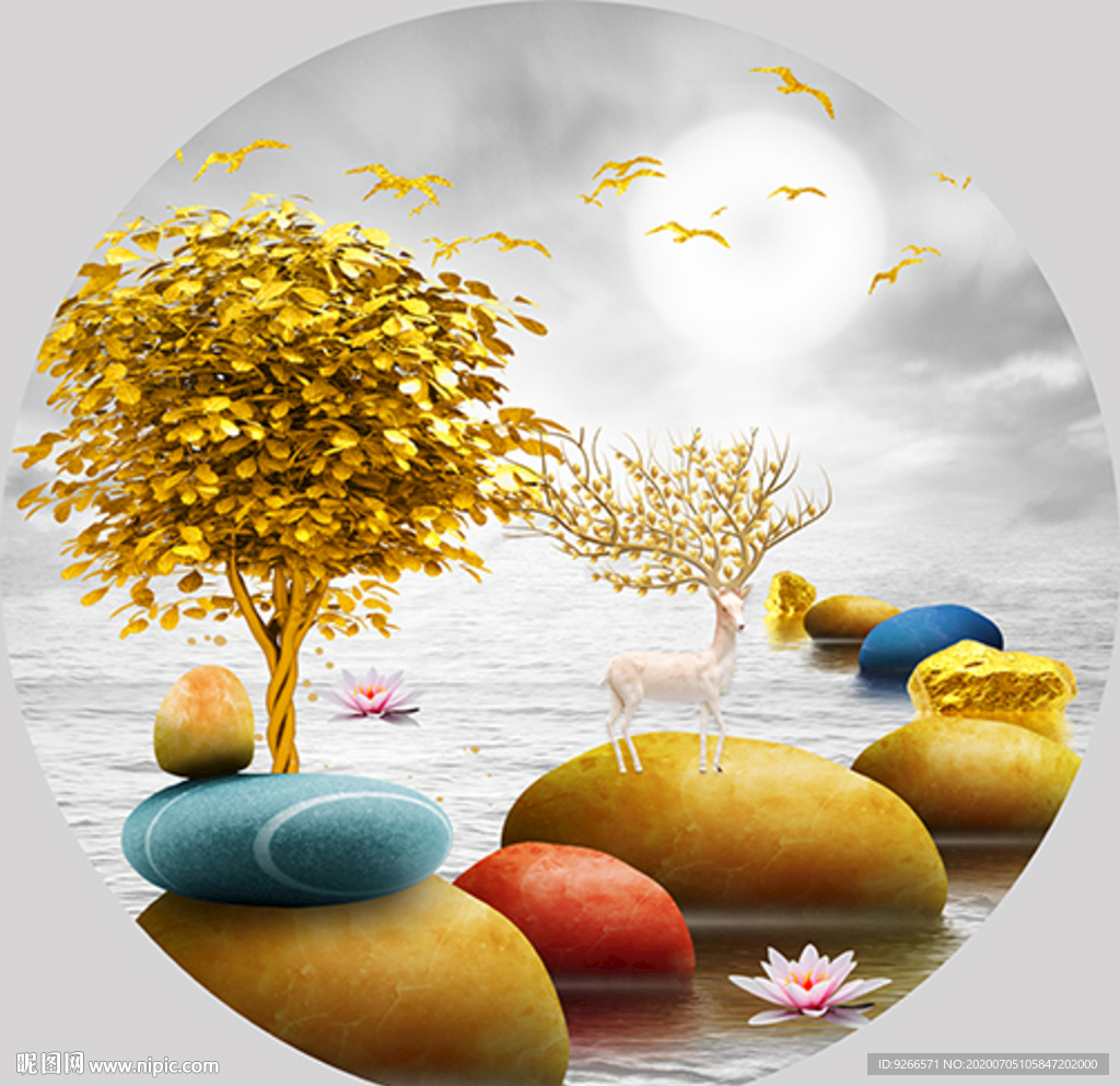 中式麋鹿山水圆形装饰画晶瓷画