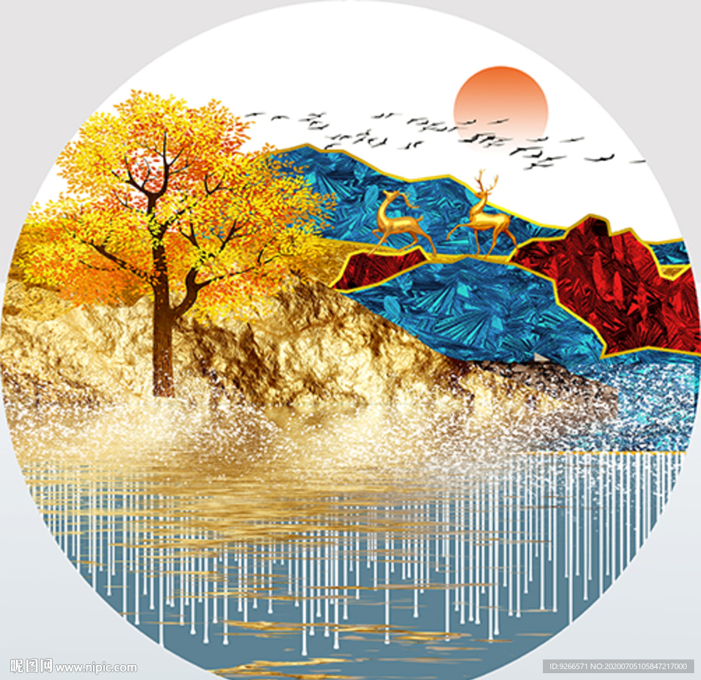 中式麋鹿山水圆形装饰画晶瓷画